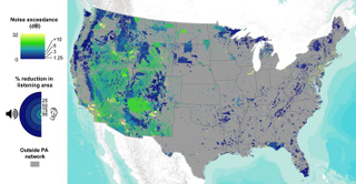 Map of projected ambient sound levels for a typical summer day across the contiguous United States, where lighter yellow indicates louder conditions and darker blue indicates quieter conditions. Rachel Buxton, Author provided